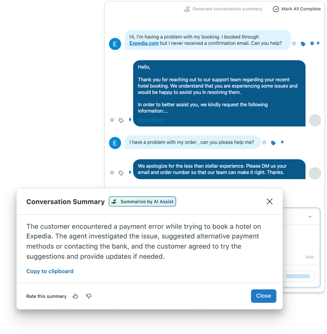 Sprout Social Customer Care conversation summary by AI Assist summarizes an issue that a customer has sent through social, how the care team responded and the resolution that worked for the customer.