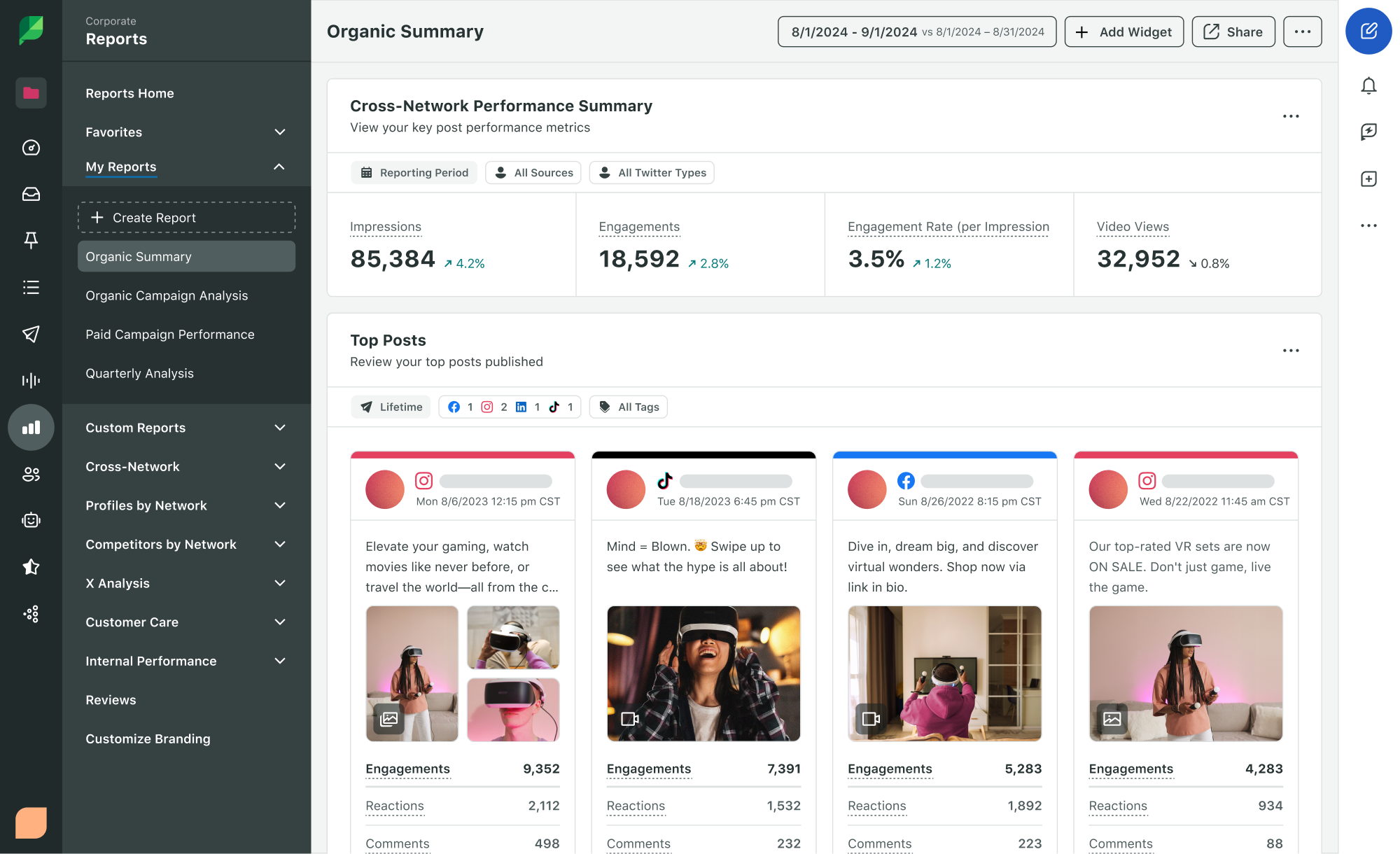 Sprout Social’s Cross-Network Performance Report shows impressions, engagement, clicks and more